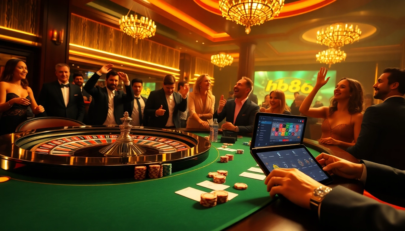 Players enjoying high-stakes poker at a luxurious casino featuring the Fb68 interface.