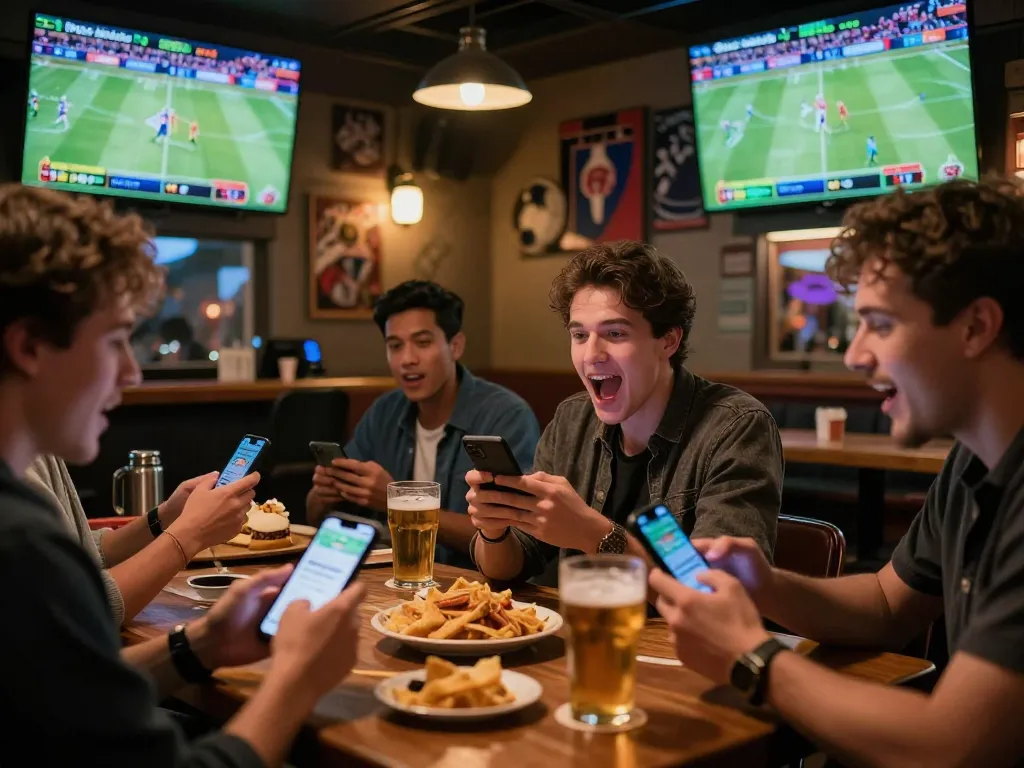 Engaged patrons analyzing odds at a sports bar while using https://keonhacai5.mobi/ for sports betting.