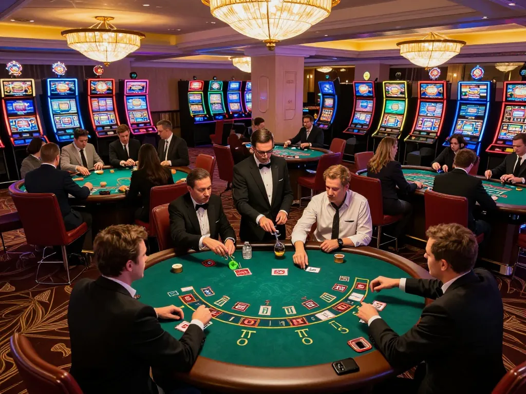 IWIN strategy session at a luxury blackjack table with engaged players and ambient casino lighting.