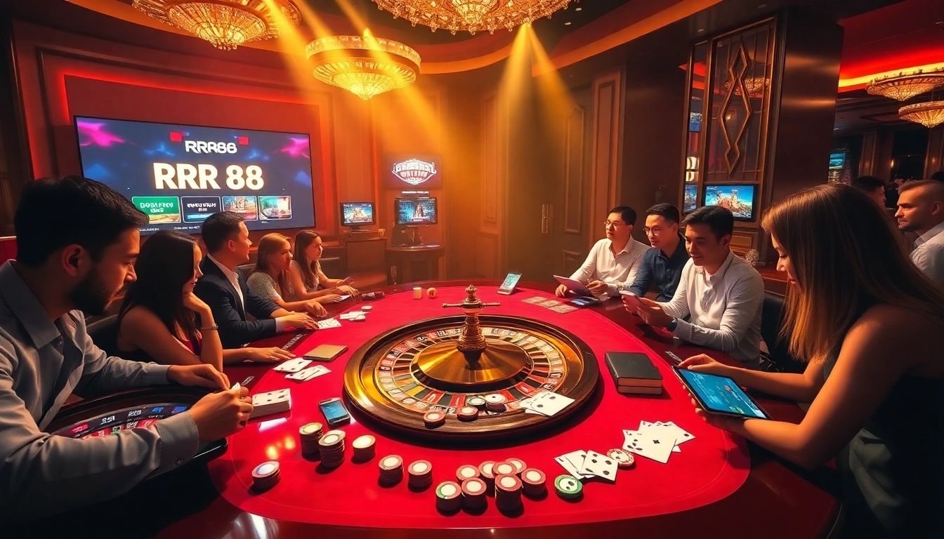 Engaging players enjoying online games at RR88 Casino, featuring roulette and poker tables.