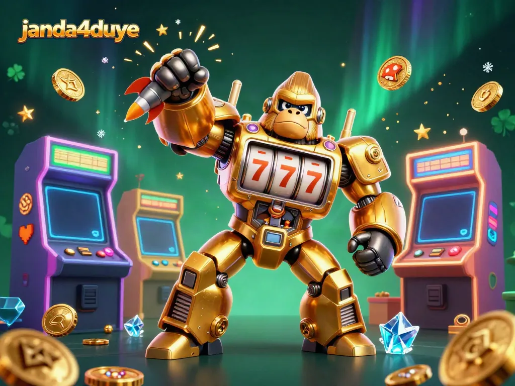 Mendapatkan kemenangan besar dengan janda4duye, gorila emas mech unik mengeluarkan koin dengan mesin slot di dadanya.