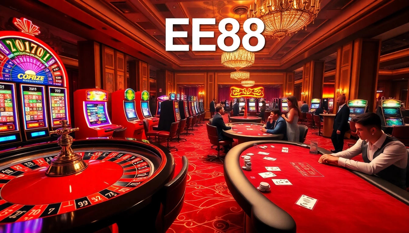 Players engaging in high-stakes gambling at the EE88 casino, surrounded by vibrant slot machines and a roulette wheel.