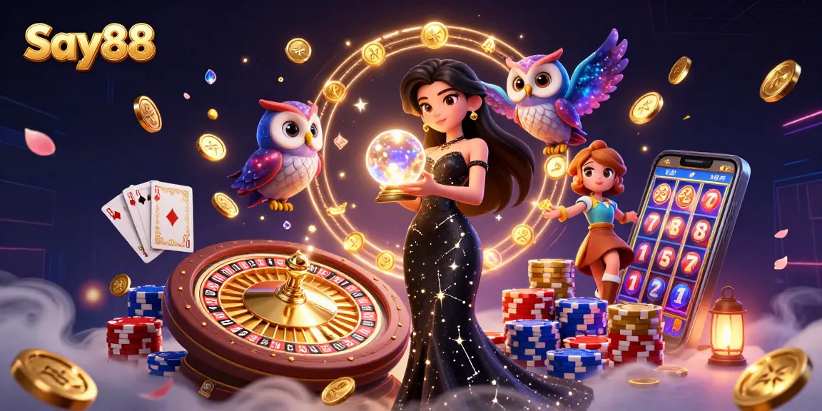 Experience the excitement at Say88 with vibrant casino elements, stunning characters, and mystical visuals.