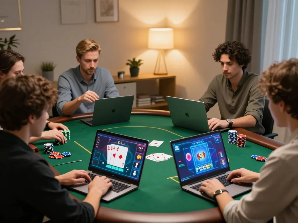 Pemain poker online Tante77 menikmati permainan strategis di kantor rumah yang hangat.