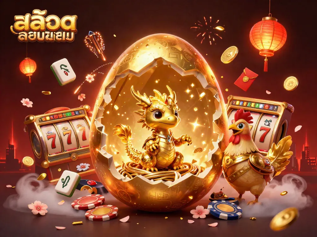 Experience the excitement of สล็อตยอดนิยม with a dazzling 3D scene featuring golden dragons and spinning slot reels.