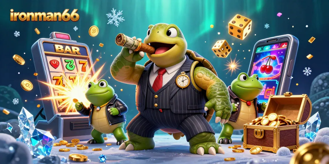 Experience the excitement of ironman66 with a dynamic casino scene featuring a snapping turtle and bullfrog enforcers.