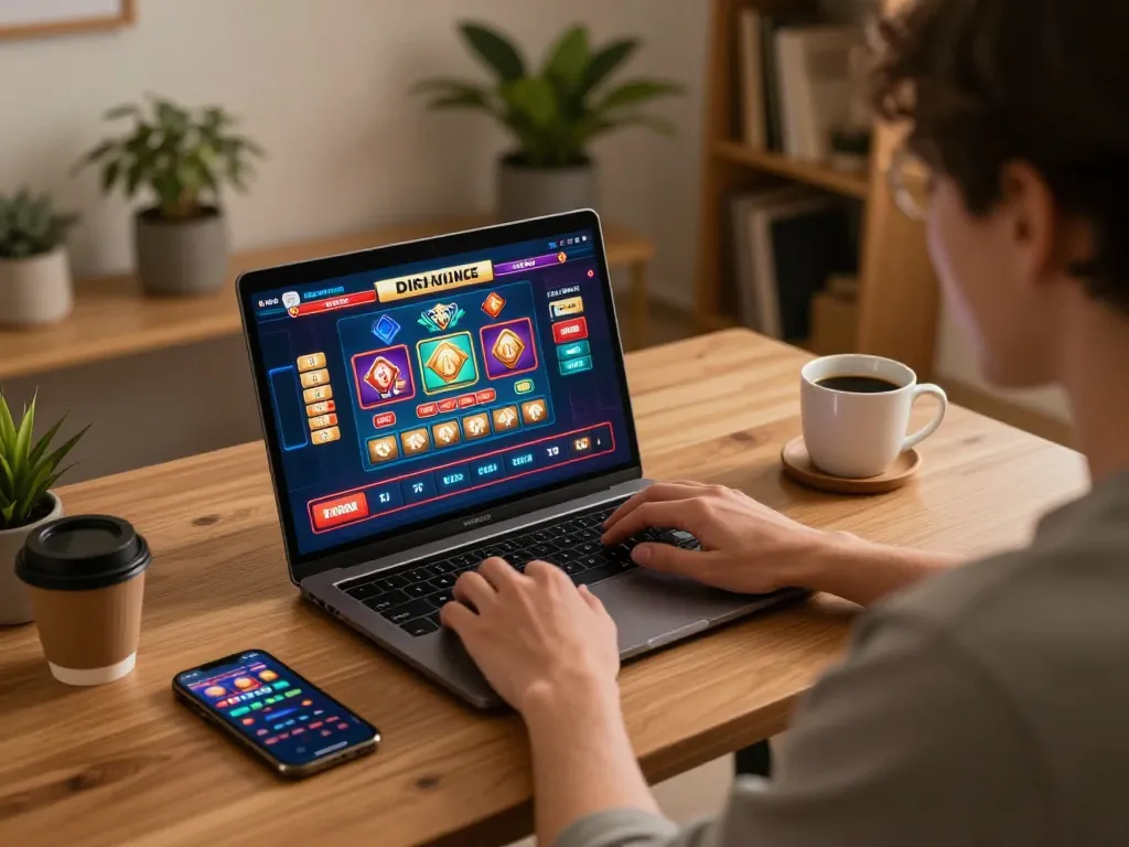 Engaging online casino gaming session showcasing ทางเข้า m111 on a laptop in a cozy home environment.