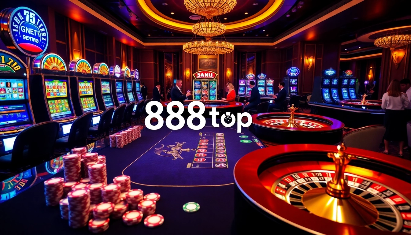 Exciting gaming experience at 888top casino with vibrant chips and elegant gaming tables.