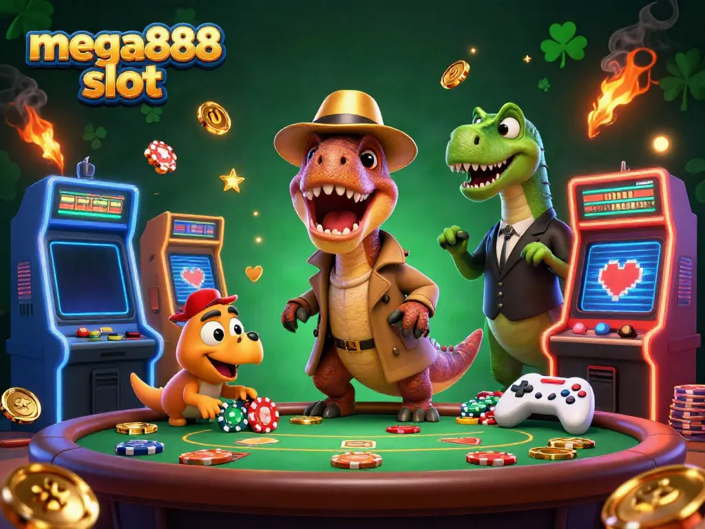 Experience the excitement of mega888 slot with vibrant characters and casino elements in this captivating illustration.