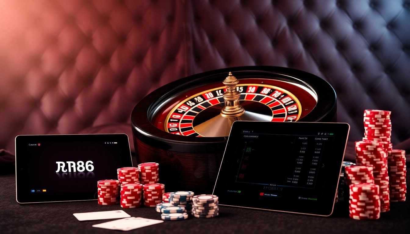 Feeling the excitement of RR88 with poker chips and vibrant roulette wheel in a luxury casino setting.
