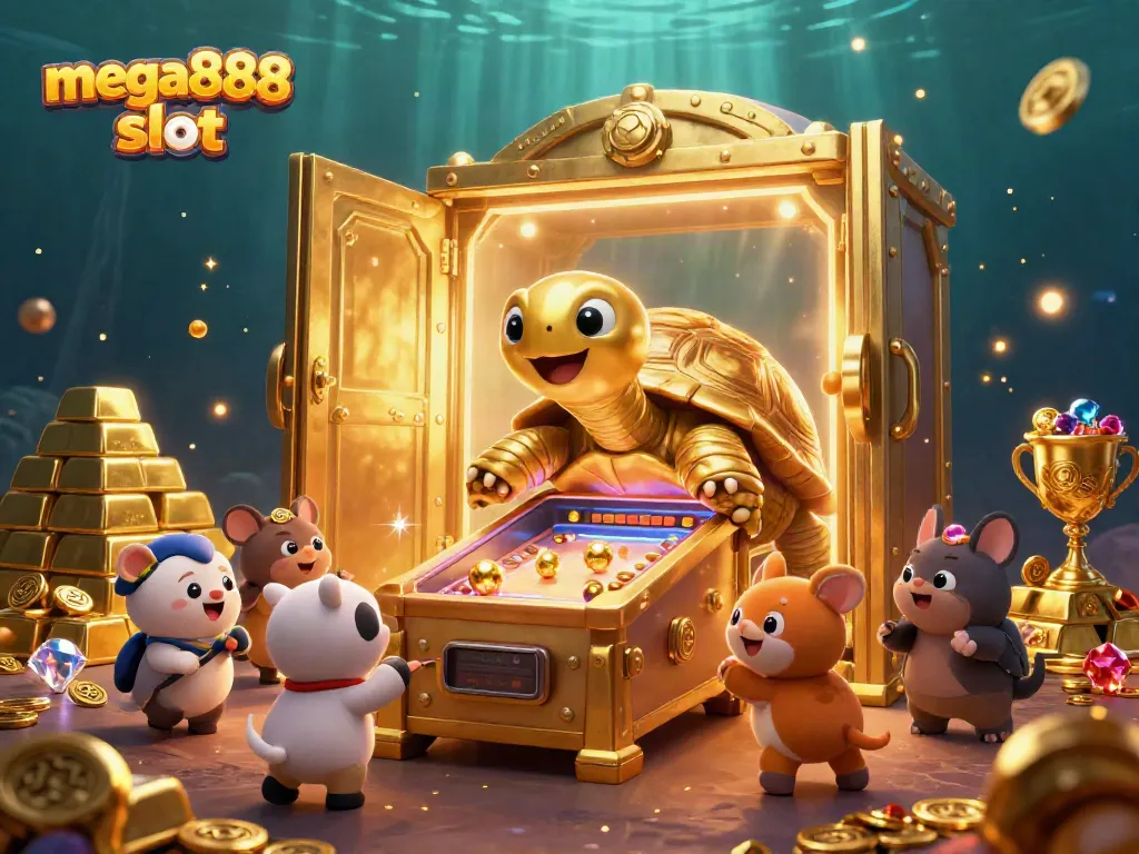 Experience the excitement of the mega888 slot with a vibrant 3D tortoise pinball game surrounded by treasures.