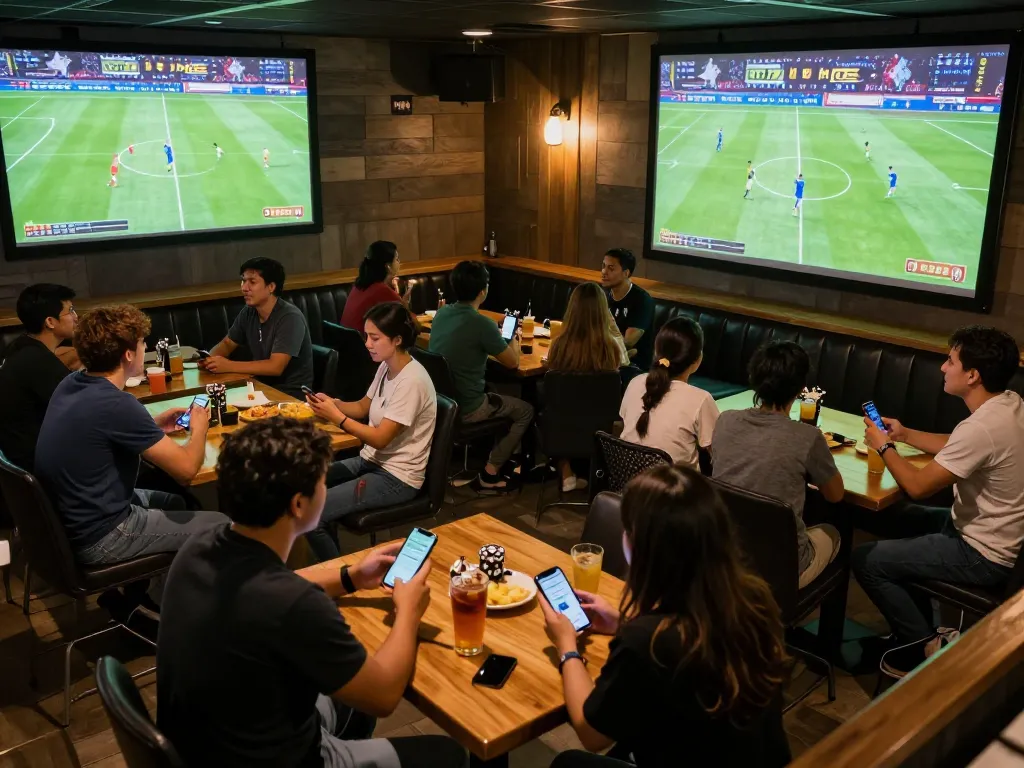 Engaged sports bettors at a lively bar using keonhacai apps to analyze ongoing games.