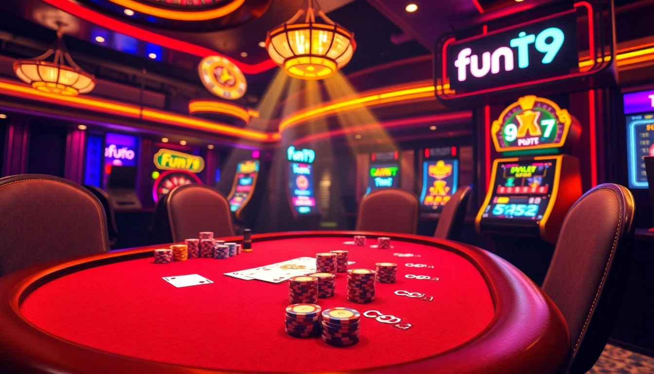 Experience the thrill of fun79 with a luxurious casino environment and vibrant gaming elements.