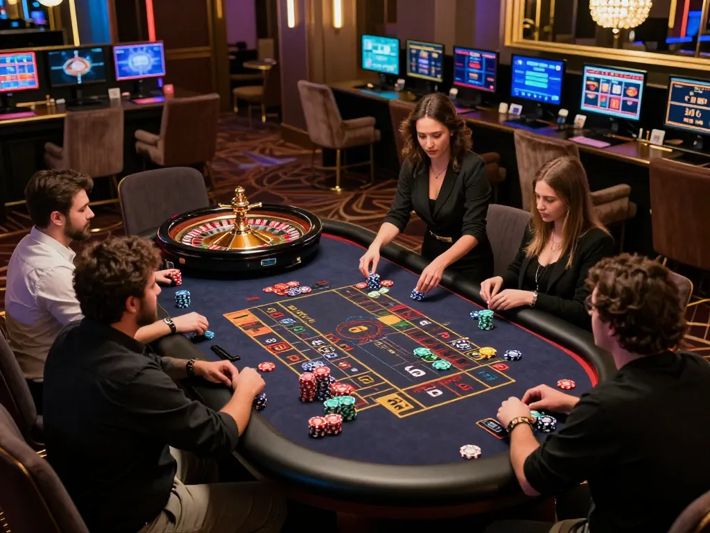 8xbet players engaging in live roulette at a stylish casino table, highlighting dynamic betting action