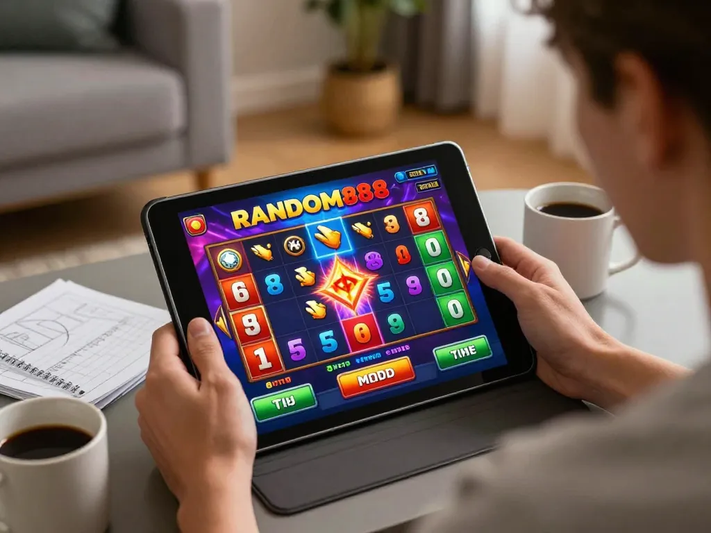 Pemain menikmati permainan RANDOM88 di tablet dalam suasana rumah yang nyaman, menunjukkan antarmuka permainan yang dinamis dan elemen-elemen.