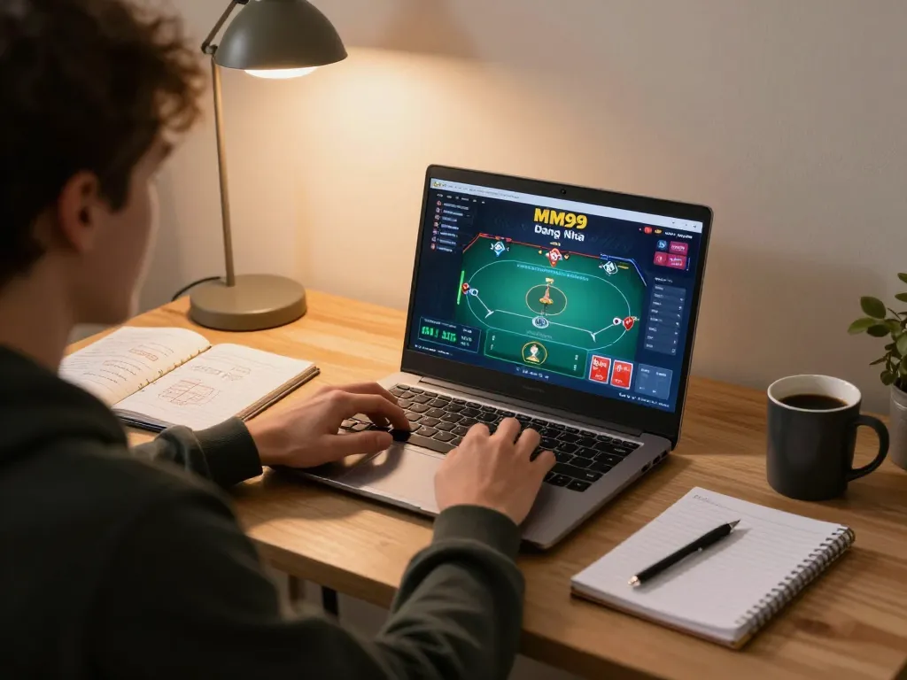 Engaging in MM99 Đăng Nhập while playing poker on a laptop in a cozy home setting.