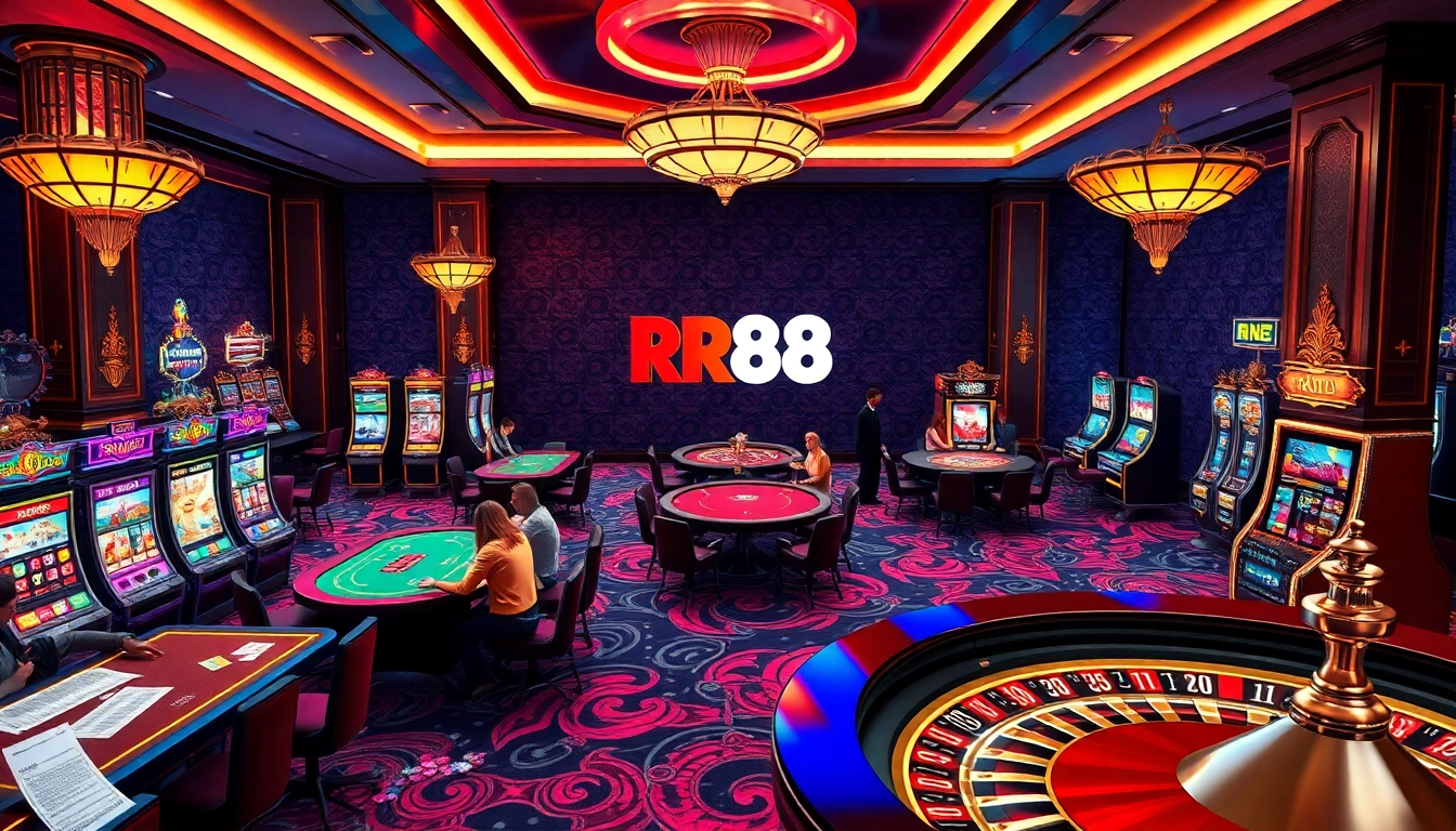 Players enjoying immersive gambling experiences at RR88 casino tables with vibrant slot machines.