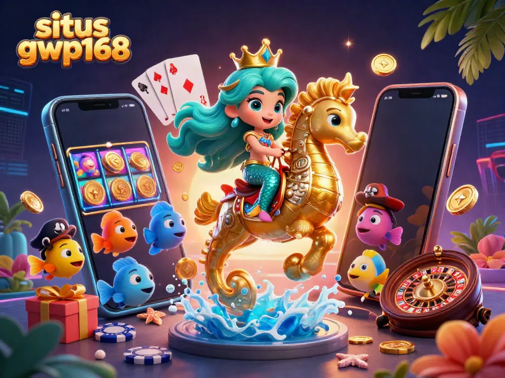 Situs gwp168 menawarkan pengalaman bermain slot terbaik dengan ilustrasi putri duyung dan kuda laut yang penuh warna.