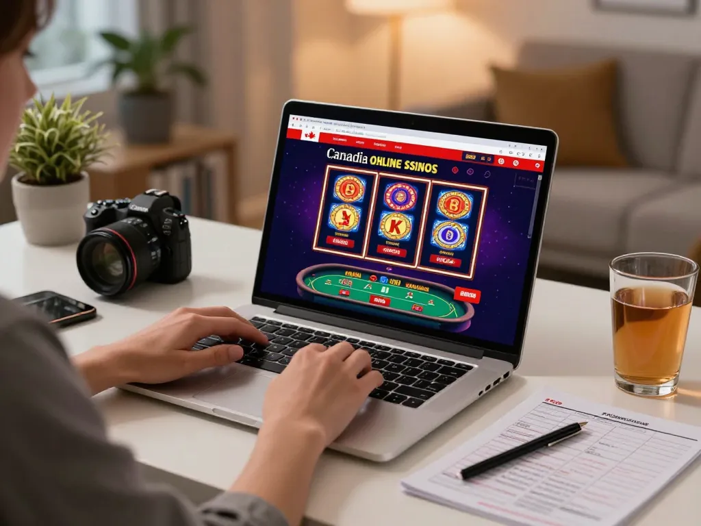 Engaging gameplay at Canadian online casinos on a laptop, showcasing colorful interface and cozy home atmosphere.