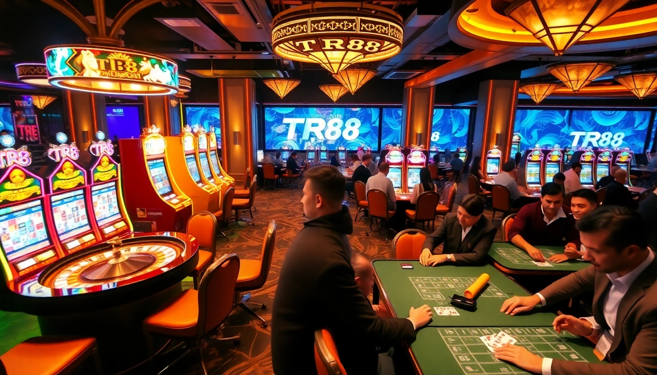 Players enjoying live games and vibrant slots at TR88 casino, showcasing high-stakes excitement.
