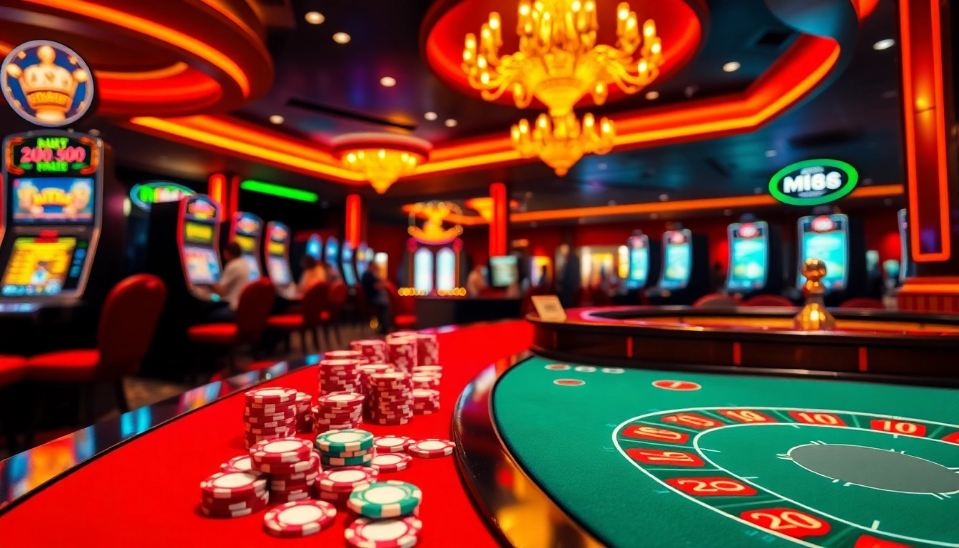 M88 players enjoy a thrilling game at a vibrant casino table adorned with colorful chips and luxurious decor.