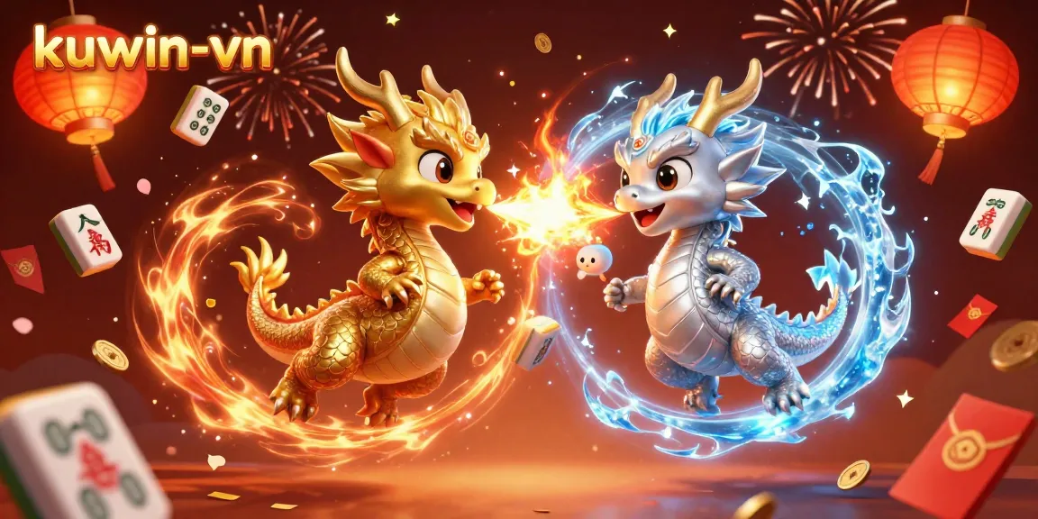 Kuwin-vn showcases thrilling gambling action with gold and silver dragons in a magical casino atmosphere.