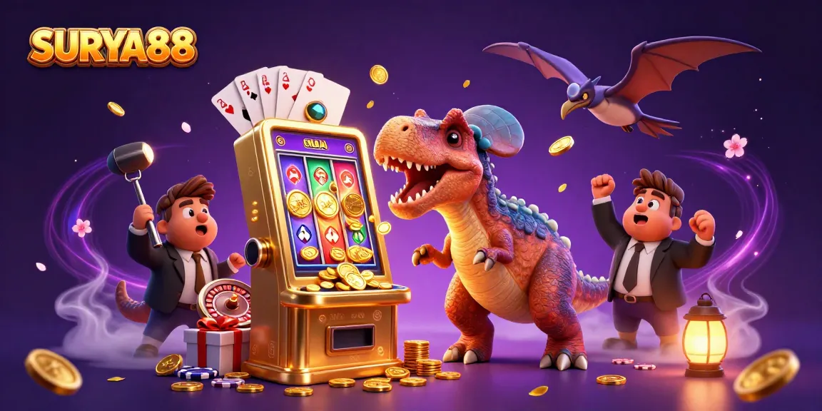 SURYA88 delivers thrilling jackpot excitement with prehistoric characters in a vibrant casino scene.