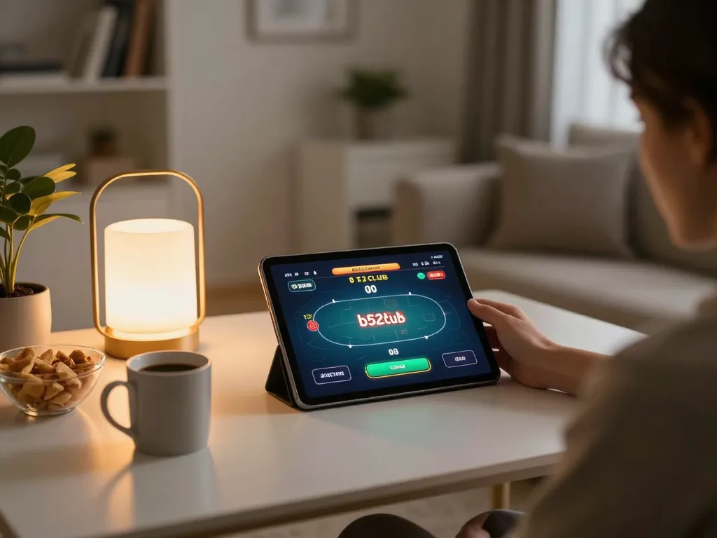 B52club player engaging in online poker from a cozy home setting with tablet