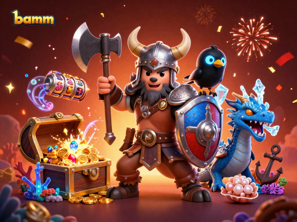 Bamm showcases a vibrant 3D illustration of a Viking warrior and dragon amidst casino treasures, highlighting thrilling gameplay.
