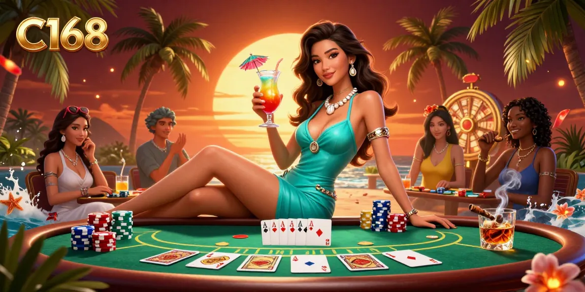 C168 offers captivating gameplay as an elegant Asian woman in a tropical casino setting showcases poker excitement.