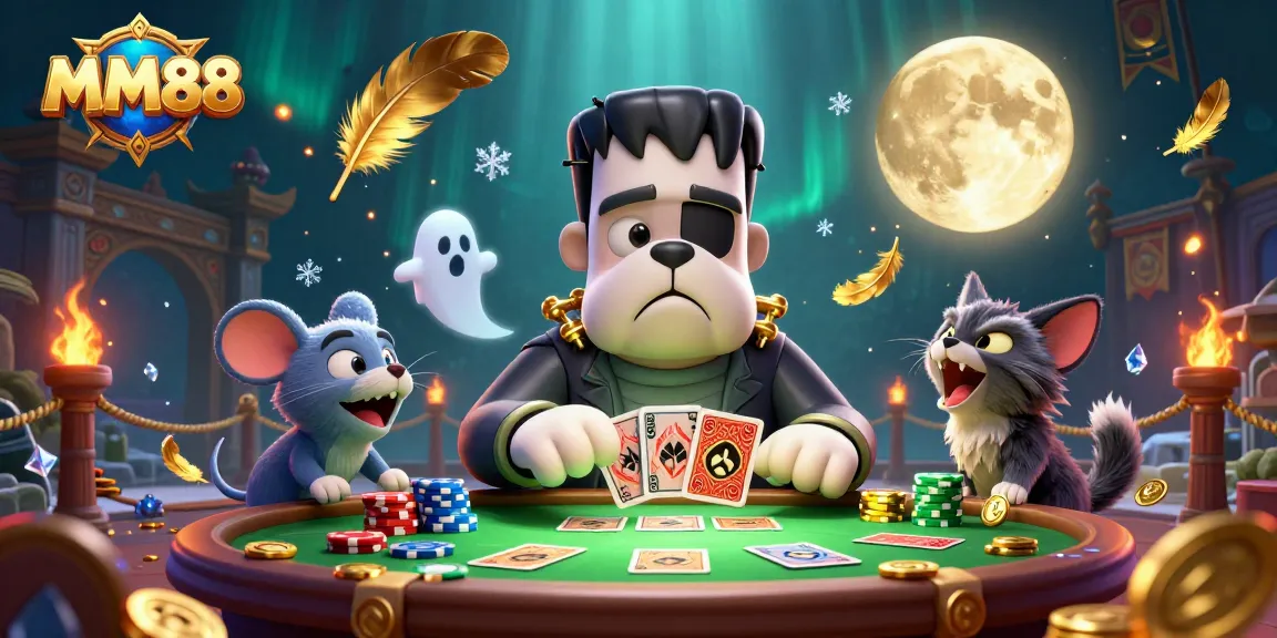 Experience thrilling gameplay at MM88 with a vibrant illustration featuring unique characters and gambling elements.