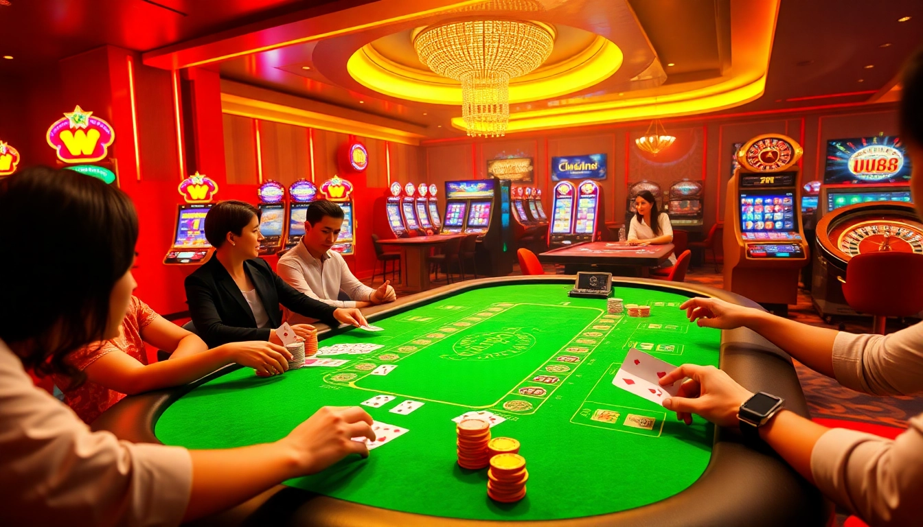 Players enjoying thrilling games at uu88's luxurious casino table, surrounded by slot machines and excitement.