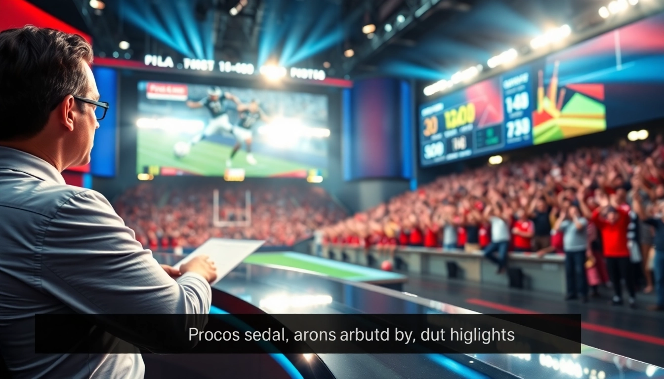 Captivating scene of sports broadcasting with an engaging sportscaster and enthusiastic fans.