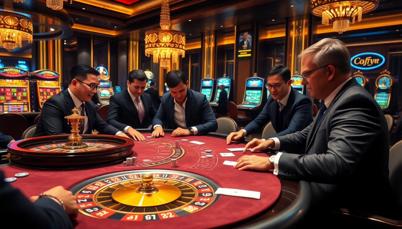 Bong99 players engaging in a thrilling casino experience with poker, roulette, and vibrant slot machines.