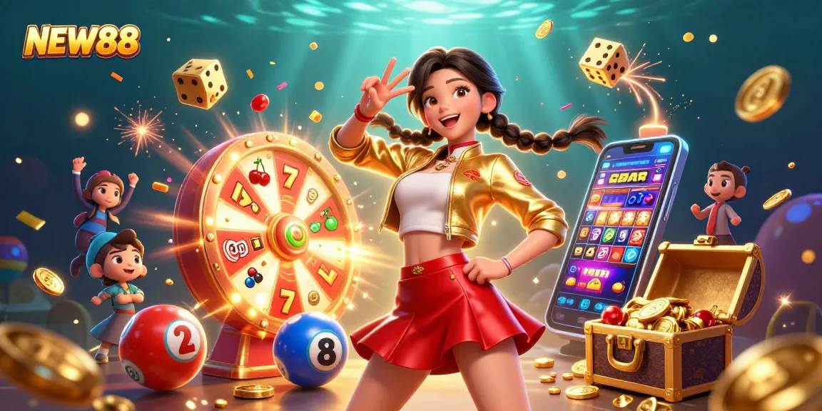 Exciting NEW88 casino scene featuring a joyful Asian woman, slot machine, and colorful game elements.