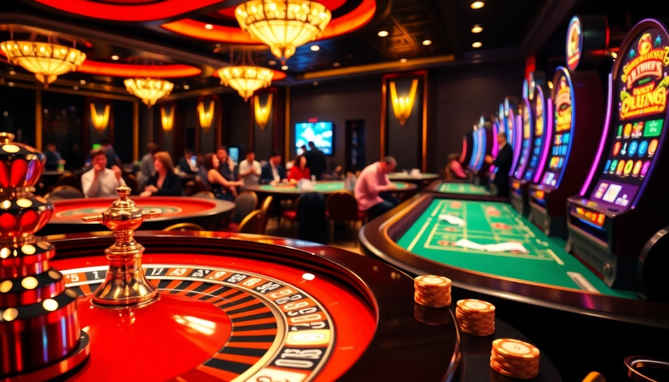 Engaged players celebrate wins at Helloo88's luxurious casino tables, featuring roulette and slot machines.