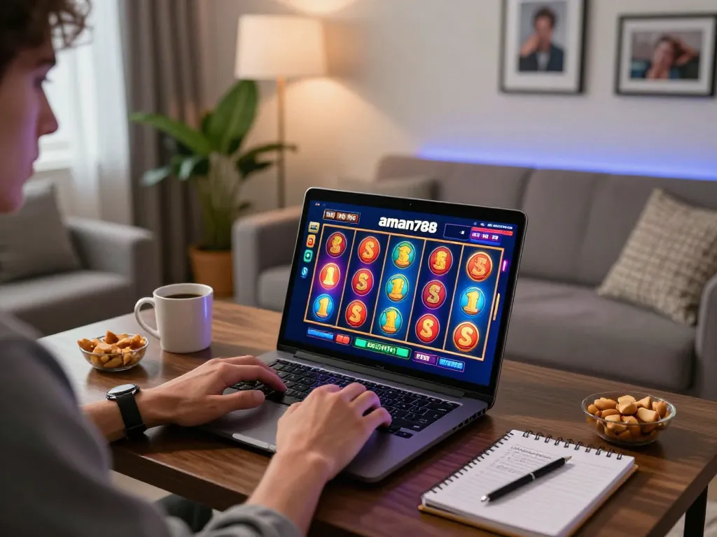 Menyaksikan permainan slot online aman788 yang mendebarkan di laptop di ruang tamu yang bergaya.