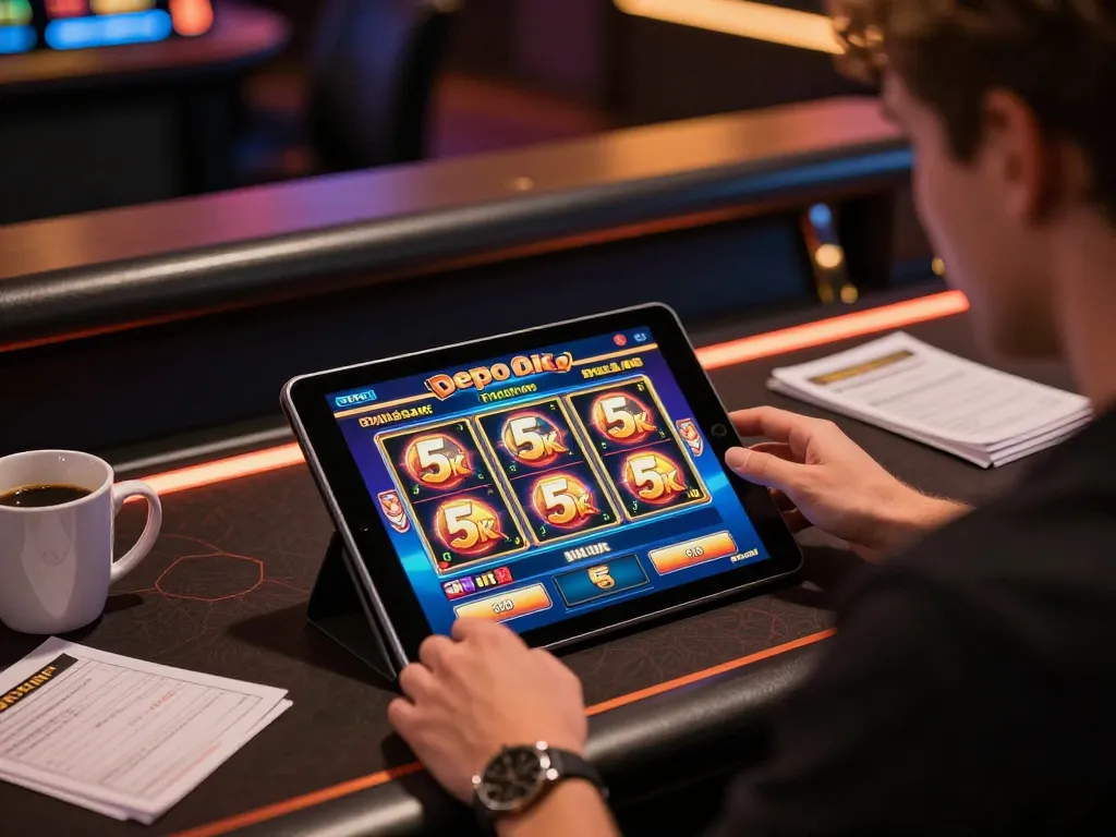 Person engaged in a thrilling slot depo 5k game on a tablet, showcasing strategic online gaming