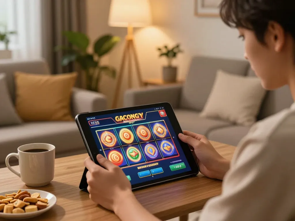 Play gacor slot games on tablet in cozy home setting with snacks and warm lighting.
