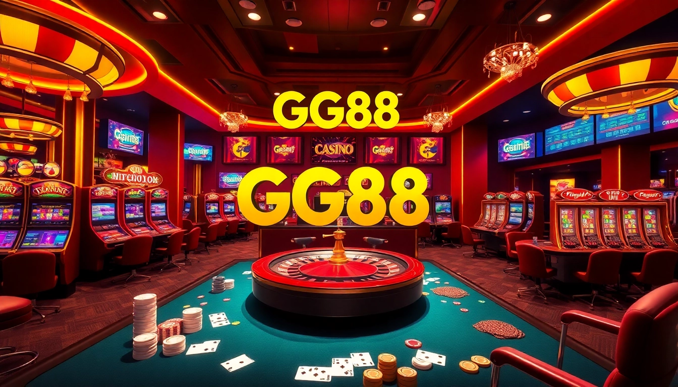 Players enjoying an exciting game with GG88, featuring poker chips and a roulette wheel in a vibrant casino setting.