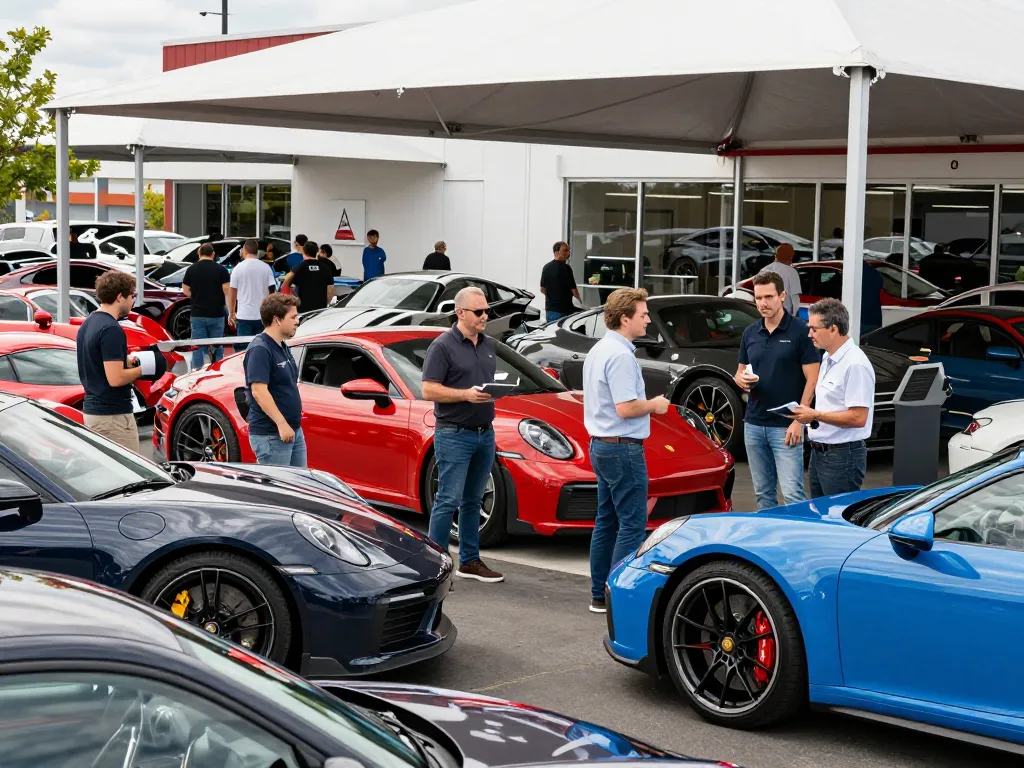 The vibrant used car dealership at https://www.chappellsportscars.com/used-cars/ displaying Porsche models and engaged customers exploring high-end vehicles.
