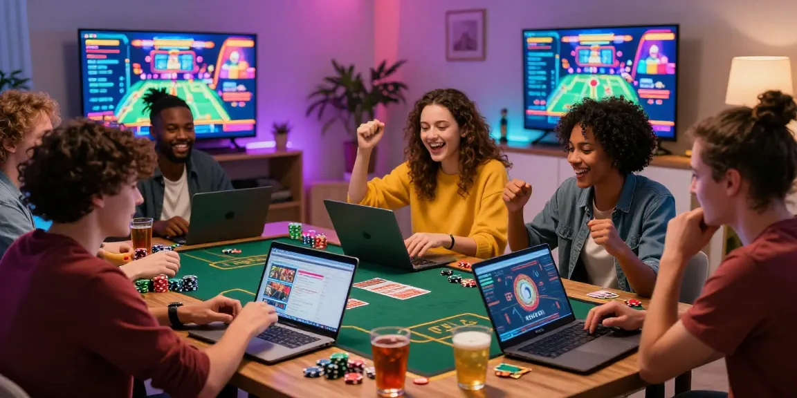 Group playing online games at home, featuring innovative casino experiences from dea.org.uk, lively and engaging atmosphere.