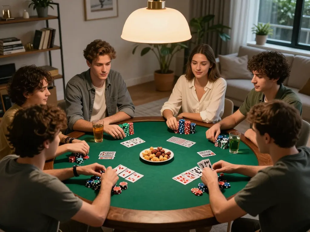 Friends enjoying a lively poker game at home with the NK88 casino experience.