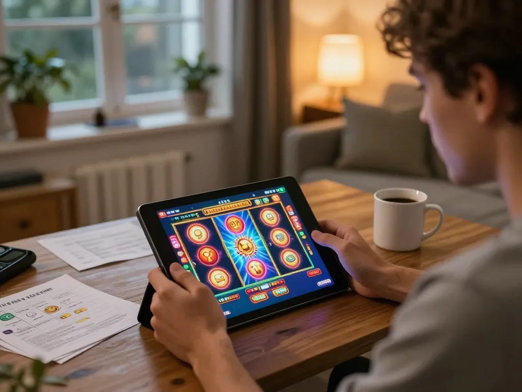 LIGA2000 player spinning vibrant slot game on tablet in cozy home setting.