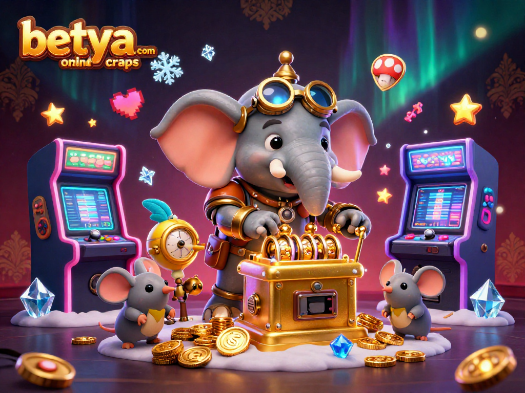 Experience thrill in betya.com online craps with a steampunk elephant spinning a golden slot machine in a vibrant gaming scene.