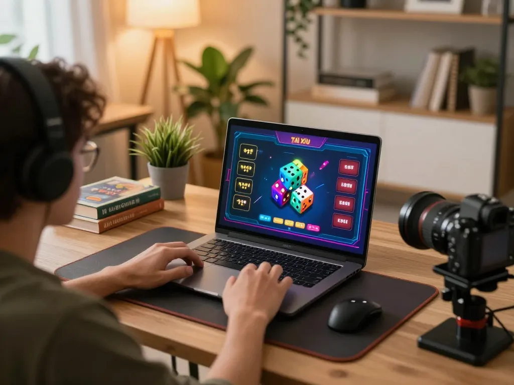 Player engaging in a strategic Tài Xỉu online game on a laptop, surrounded by personal gaming elements.