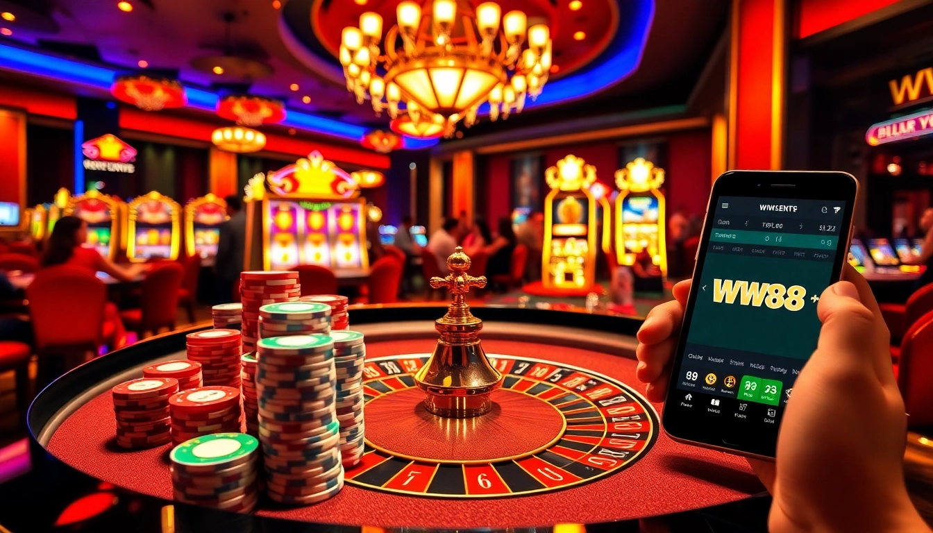 Link vào WW88 engages enthusiastic gamblers at a luxurious casino with vibrant roulette and slot machines.