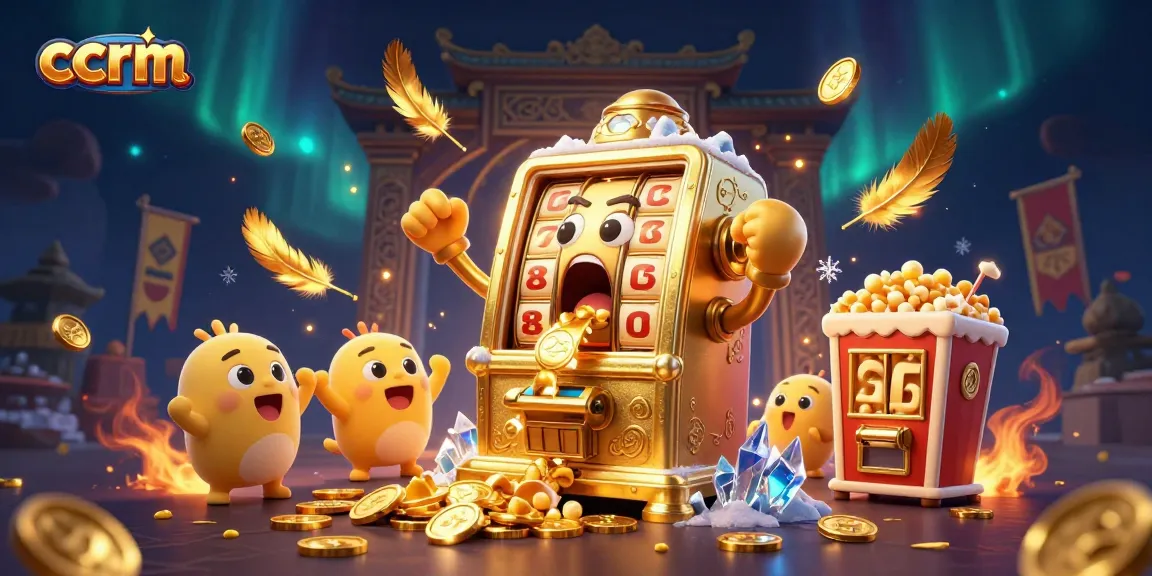 ccrm slot machine winning jackpot while smaller machines cheer, vibrant casino scene