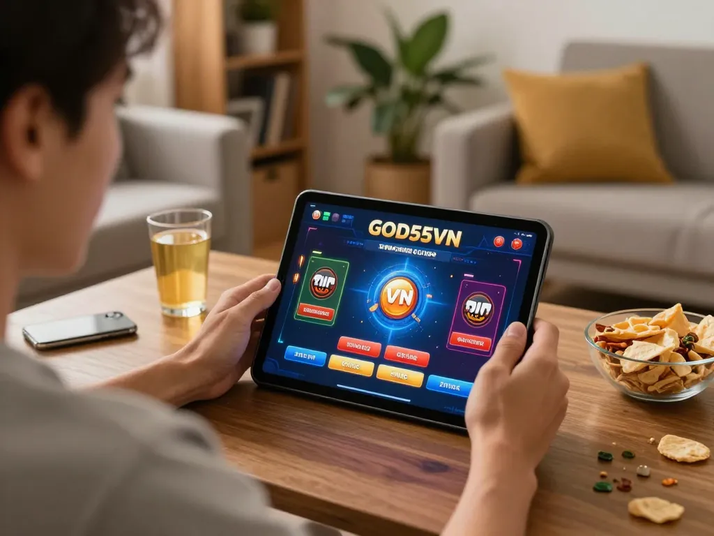 Engaged player enjoying online gaming at home on God55VN, showcasing strategic betting strategies.