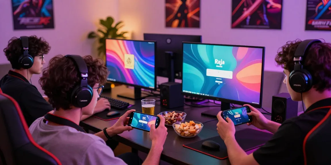 Raja Game login screens on smartphones in a lively gaming setup.
